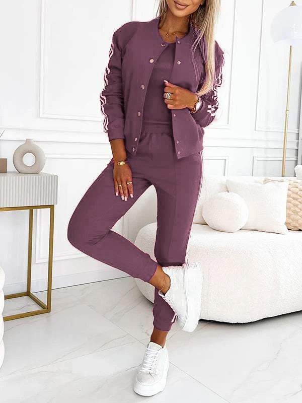 Damen 3-teiliges Set mit Baseballjacke, Racerback Top &amp; Jogginghose | Wärmend &amp; atmungsaktiv | Seitenstreifen Look | S–5XL