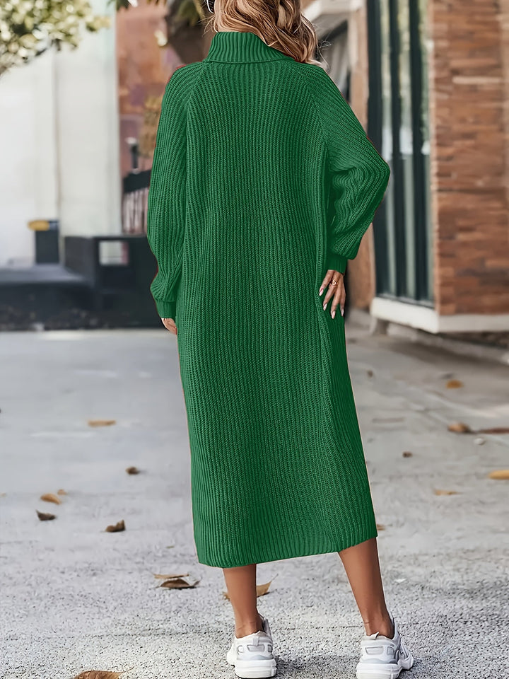Damen Strickkleid Midi mit Rollkragen | Warmes Langarm-Pulloverkleid mit lockerer Passform und Raglanärmeln für Herbst und Winter