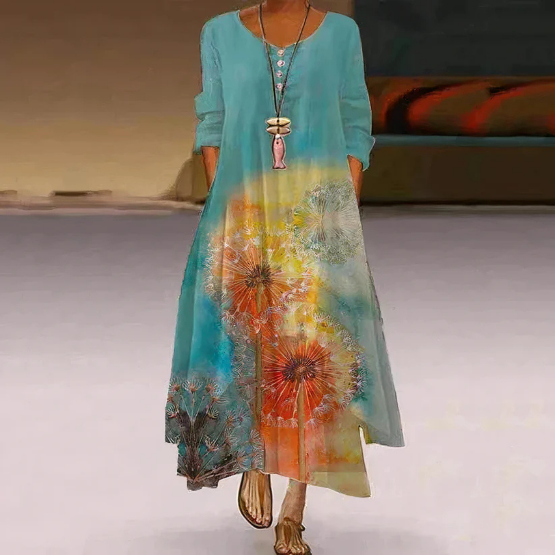 Damen Sommer Maxi-Kleid doppellagig mit Print &amp; Langarm | Luftig-leicht, fließender Schnitt | Figur schmeichelnd | Strand &amp; Events