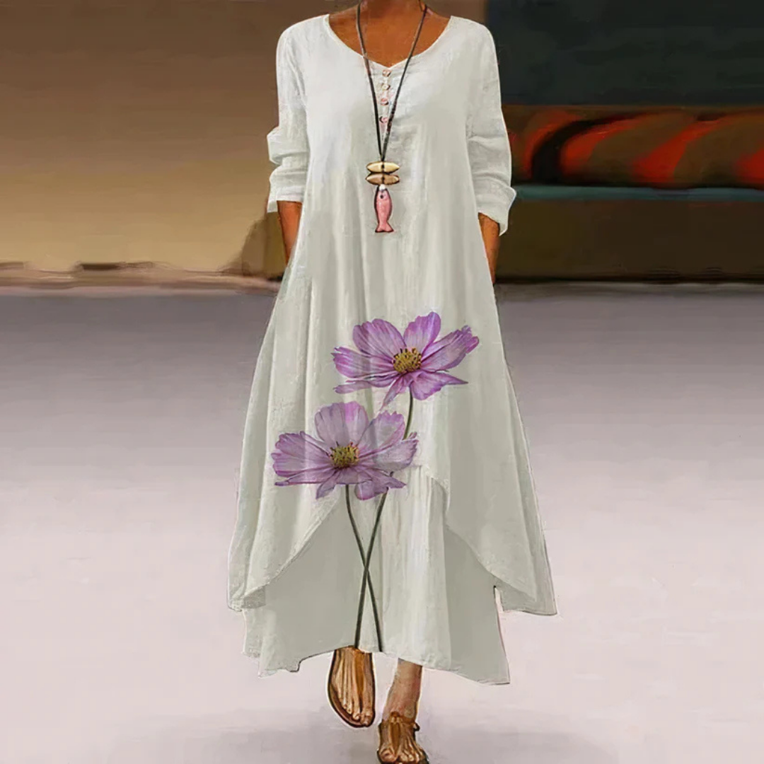 Damen Sommer Maxi-Kleid doppellagig mit Print &amp; Langarm | Luftig-leicht, fließender Schnitt | Figur schmeichelnd | Strand &amp; Events