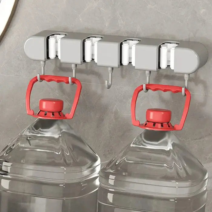 Wandhalter für Besen &amp; Wischmopp | 4 Antirutsch-Klemmen + 5 Haken | Selbstklebend ohne Bohren | Platzsparender Gerätehalter