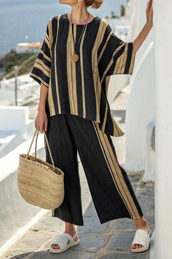 Damen 2-teiliges Sommer Set mit Fledermausärmeln | Lockeres Shirt &amp; Gerade Hose | Lässiger Freizeit Look