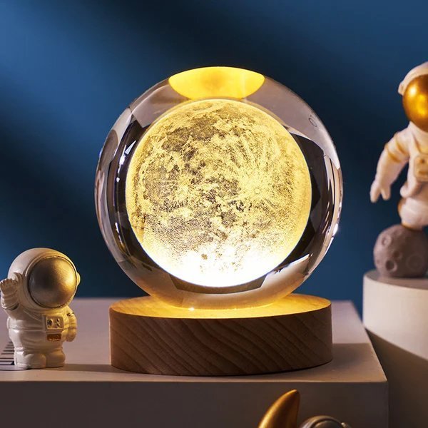 Boule de cristal 3D système solaire | Gravure laser | Option avec base lumineuse LED et boîte cadeau