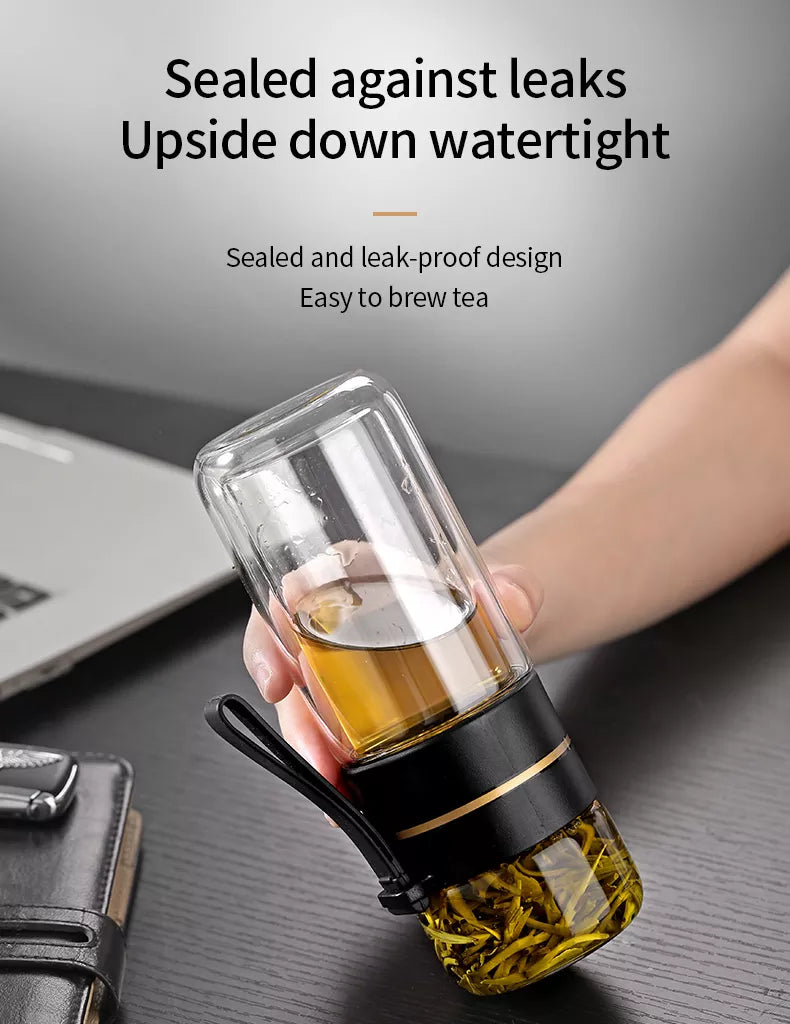 Double-walled glass tea bottle with tea filter | Leak-proof &amp; to-go | For loose tea, herbal tea &amp; tea bags