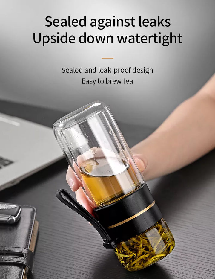 Double-walled glass tea bottle with tea filter | Leak-proof &amp; to-go | For loose tea, herbal tea &amp; tea bags
