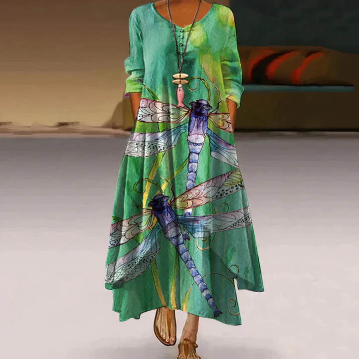 Damen Sommer Maxi-Kleid doppellagig mit Print &amp; Langarm | Luftig-leicht, fließender Schnitt | Figur schmeichelnd | Strand &amp; Events