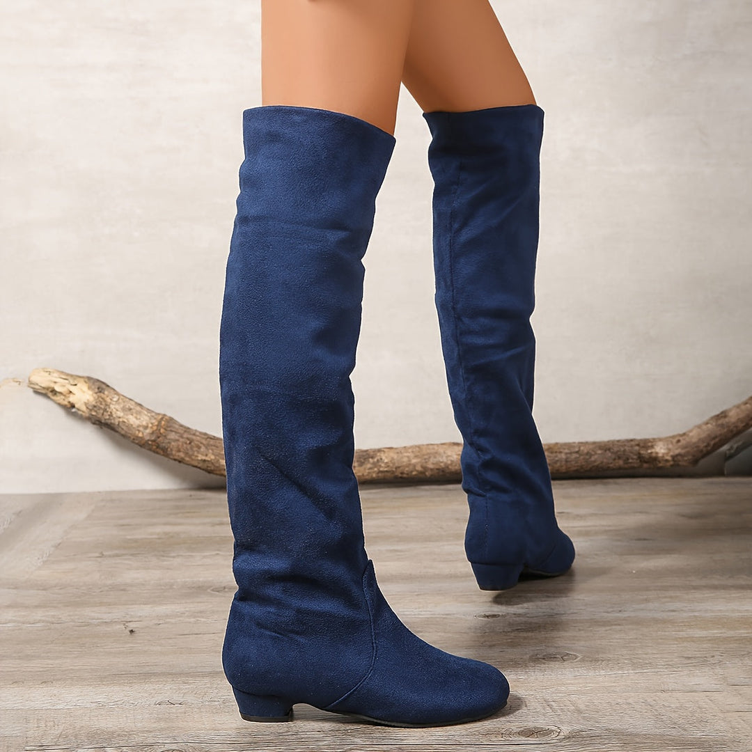 Damen Overknee Stiefel mit Blockabsatz | Hohe Schlupfstiefel mit rundem Zehenbereich und überkniehohem Schaft