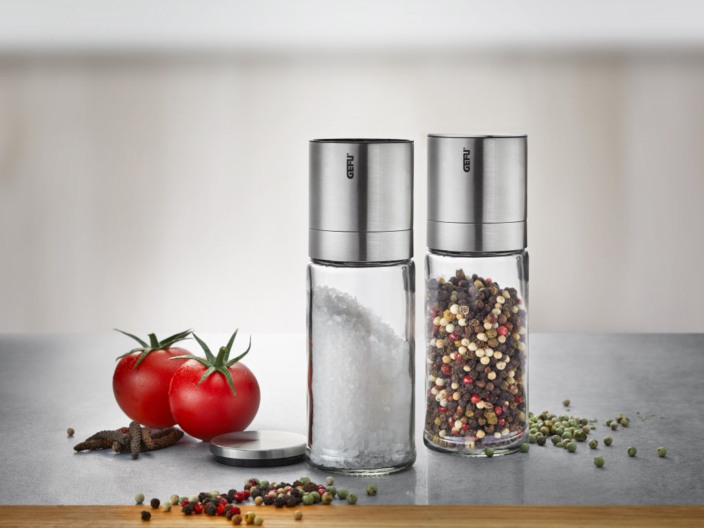 Salz- und Pfeffermühlen Set 2-teilig | GEFU LAMOLA mit stufenlos einstellbarem Keramikmahlwerk, Glasbehälter und Aromakappe