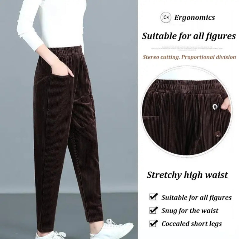 Damen Cordhose mit hoher Taille | Warme High-Waist-Hose mit weichem Fleecefutter und elastischem Bund für Herbst und Winter