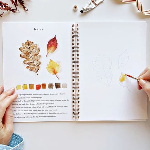 Cahier de travail aquarelle pour débutants | 12 motifs avec guide étape par étape | Papier 120 lb, 6,5"×9", mélange et peinture