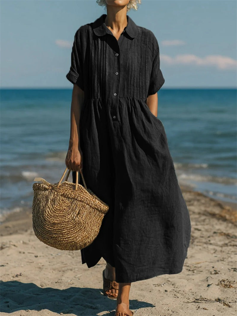 Folyékony pamutingruha gombos elülső résszel | Midi hosszúság zsebekkel és ráncolt derékkal | JANNY nyári ruha
