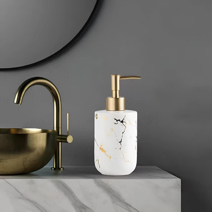 Distributeur de savon de luxe en céramique | Aspect marbre &amp; accents dorés | 400 ml, élégant pour salle de bain &amp; cuisine