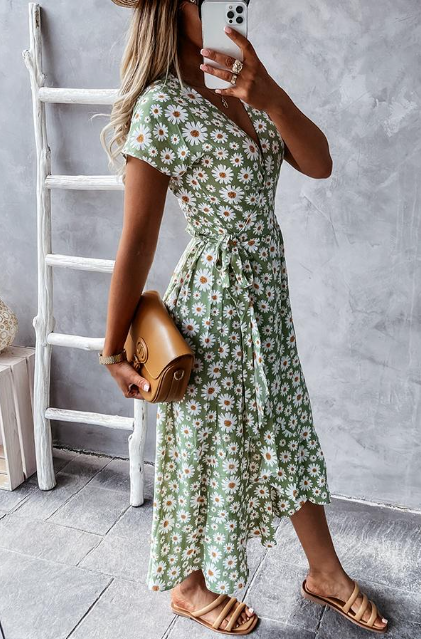 Damen Midikleid mit Gänseblümchenmuster | A-Linie &amp; herzförmiger Ausschnitt | Leichtes Material für Sommer &amp; Events