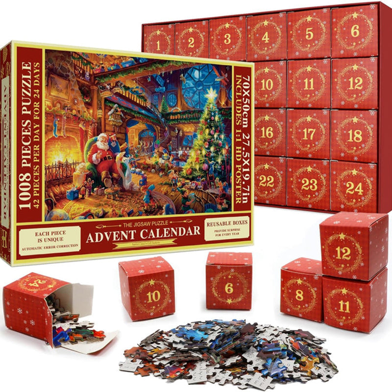Weihnachts Puzzle Adventskalender mit 1008 Teilen | 24 Tage mit je 42 Puzzleteilen | Wiederverwendbare Boxen und Poster
