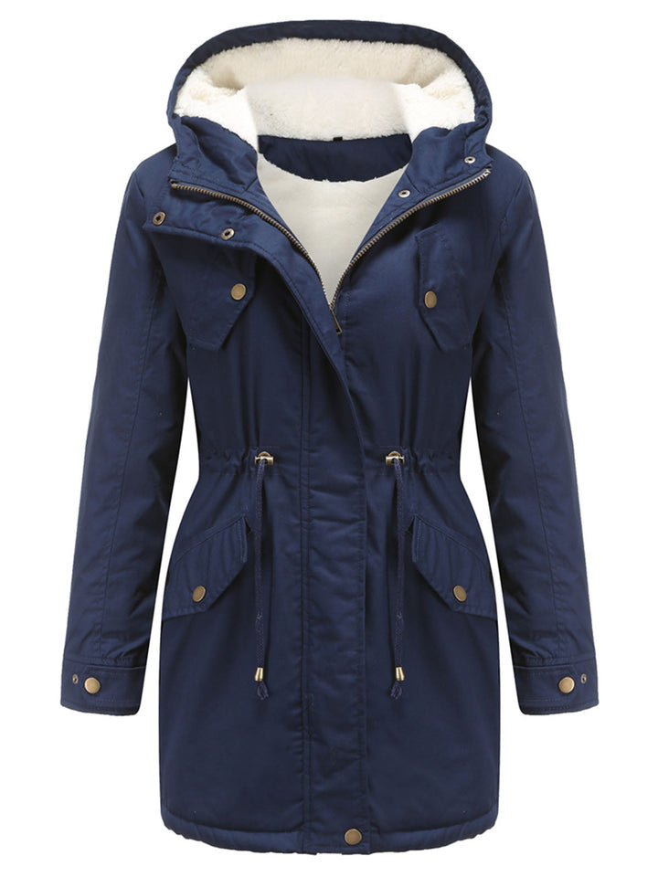 Damen Midiparka mit Kapuze | Langer Parka mit Frontreißverschluss und geradem Schnitt für Alltag, Büro und kalte Tage