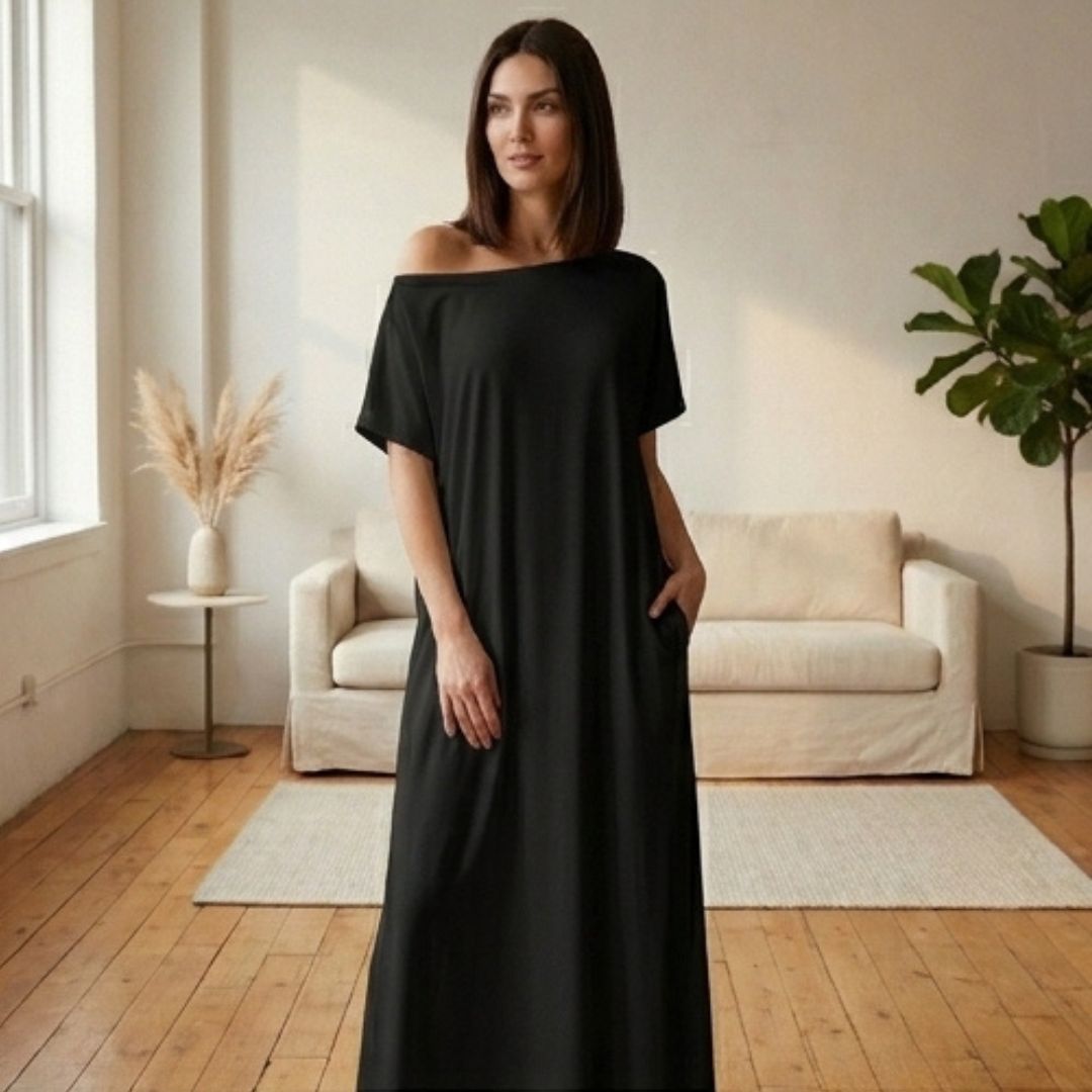 Off-shoulder maxi dress with pockets | Loose and airy | Summer dress with wide neckline S–2XL