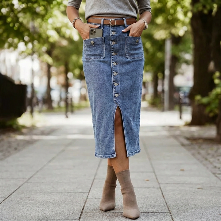 Damen Bleistiftrock High Waist | Vintage-Knopfleiste | Frontschlitz für Bewegungsfreiheit | Figurbetonte Stretch-Passform XS–2XL