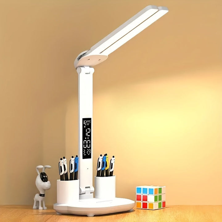 LED Schreibtischlampe dimmbar mit 2 verstellbaren Köpfen | Tischleuchte mit Touch-Bedienung, Digitalanzeige und USB-Anschluss