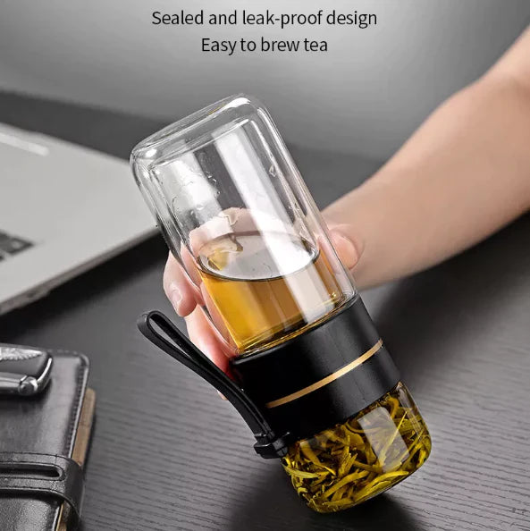 Double-walled glass tea bottle with tea filter | Leak-proof &amp; to-go | For loose tea, herbal tea &amp; tea bags