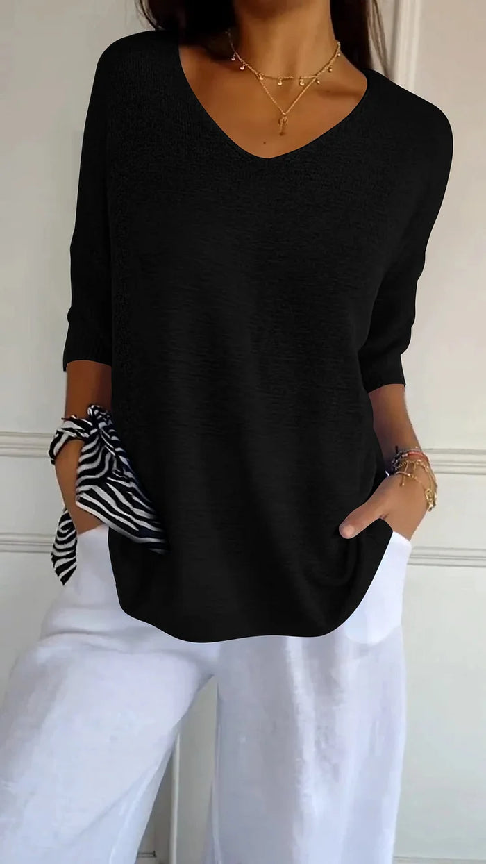 Top en maille à col en V pour femmes | Manches 3/4
