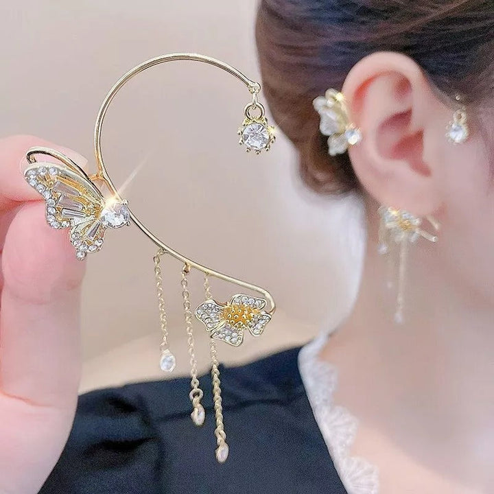 Náušnice na klip bez prepichnutia ucha s motívom motýľa a kvetov | Trblietavé strapcové náušnice | V zlatej alebo striebornej farbe | Ľavé/pravé alebo pár
