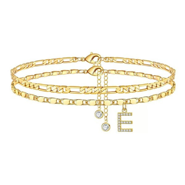 Chaîne de cheville lettres multicouches et réglable | Hypoallergénique, sans nickel ni plomb | Or/argent | 21,5 cm + 5 cm