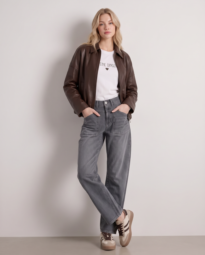 Kunstlederjacke | Mit Kentkragen, Eingrifftaschen und gerafftem Saum