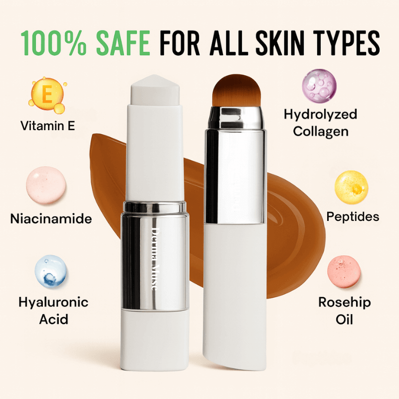 Farbwechselnder Make-up-Stick mit integriertem Pinsel | Leichte, atmungsaktive Deckkraft | Feuchtigkeitsspendend mit Hyaluronsäure + Niacinamid | 3 Nuancen