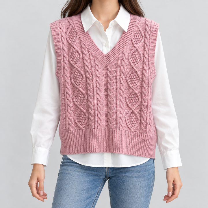 Damen Strickweste lang aus Baumwolle | Ärmellose Weste mit V-Ausschnitt und strukturiertem Strickmuster für vielseitige Looks
