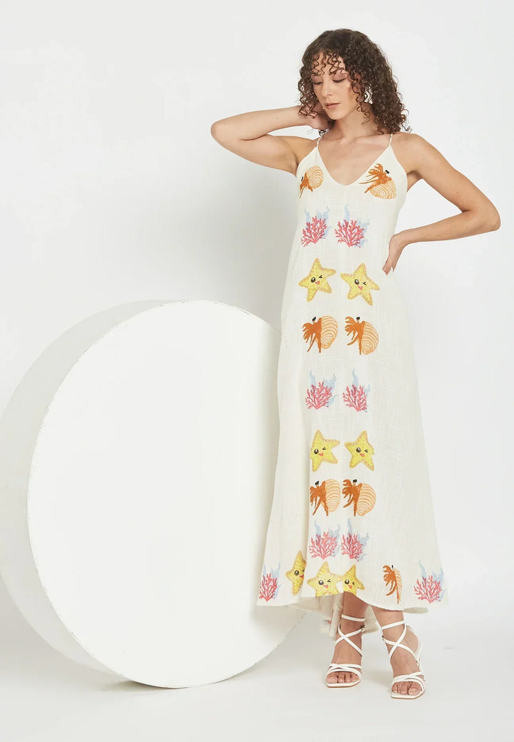 Damen Maxikleid mit Meeresstickerei | Coral Coast Sommerkleid | Leichtes Strandkleid | Luftig &amp; Fließend