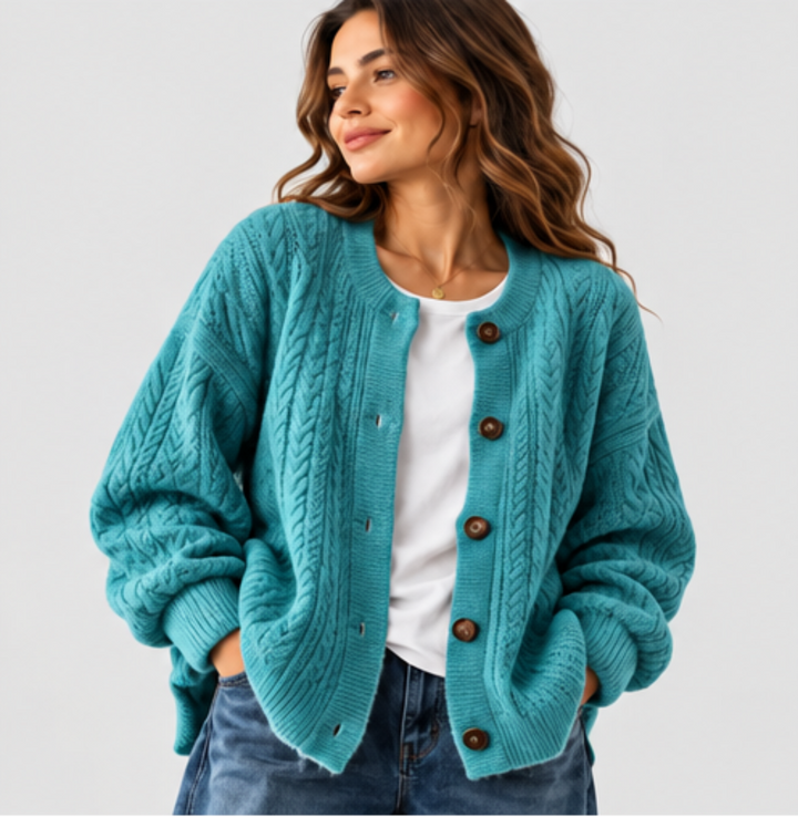 Damen Oversized Strick-Cardigan mit Zopfmuster | Lockere Strickjacke mit durchgehender Knopfleiste und Rippbündchen für Herbst und Winter