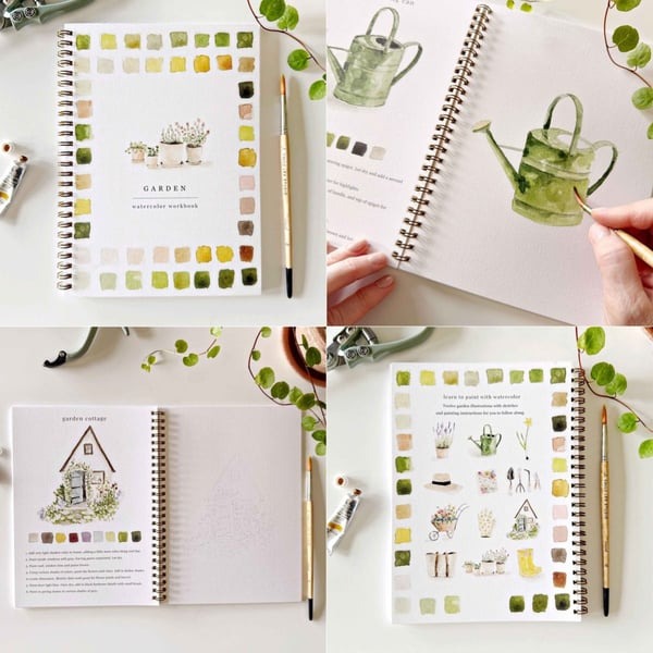 Cahier de travail aquarelle pour débutants | 12 motifs avec guide étape par étape | Papier 120 lb, 6,5"×9", mélange et peinture
