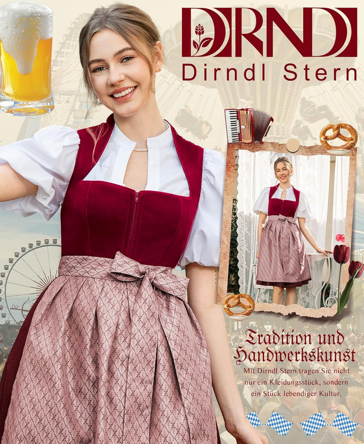 Dirndl Midi Damen | Rotes Samtdirndl mit Plissee-Schürze für Oktoberfest, Volksfest und festliche Anlässe