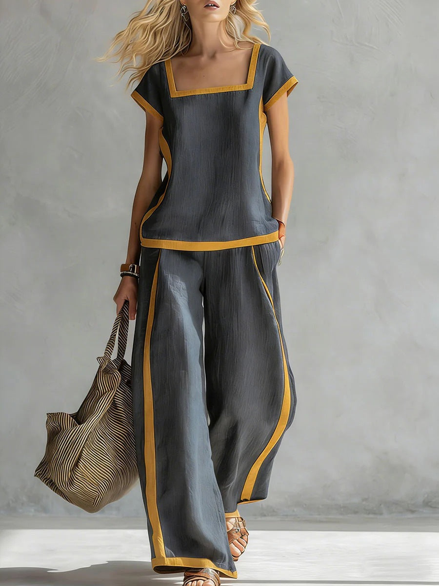 Damen Zweiteiler Set | Casual Outfit mit Karree-Ausschnitt und lockerer Hose für Alltag und Freizeit
