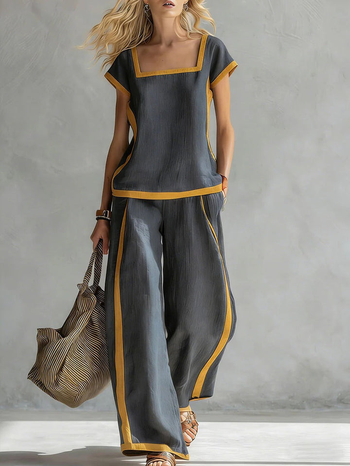 Damen Zweiteiler Set | Casual Outfit mit Karree-Ausschnitt und lockerer Hose für Alltag und Freizeit