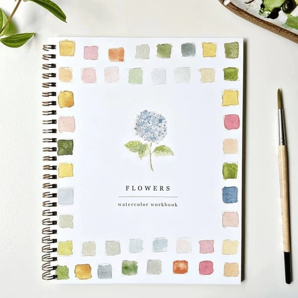 Cahier de travail aquarelle pour débutants | 12 motifs avec guide étape par étape | Papier 120 lb, 6,5"×9", mélange et peinture