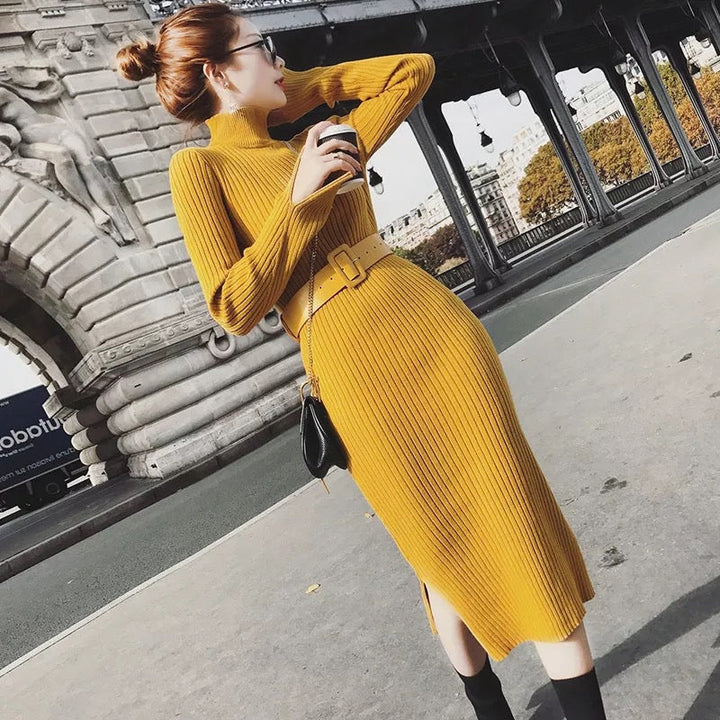 Damen Strickkleid mit hohem Kragen | Tailliertes Kleid mit Gürtel, Reißverschluss und seitlichem Schlitz für elegante Looks