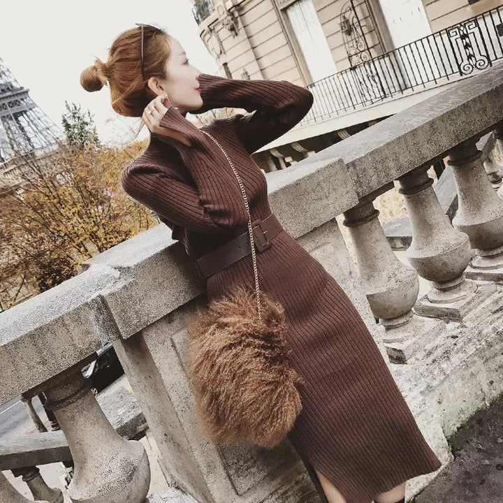 Damen Strickkleid mit hohem Kragen | Tailliertes Kleid mit Gürtel, Reißverschluss und seitlichem Schlitz für elegante Looks