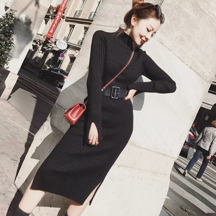 Damen Strickkleid mit hohem Kragen | Tailliertes Kleid mit Gürtel, Reißverschluss und seitlichem Schlitz für elegante Looks