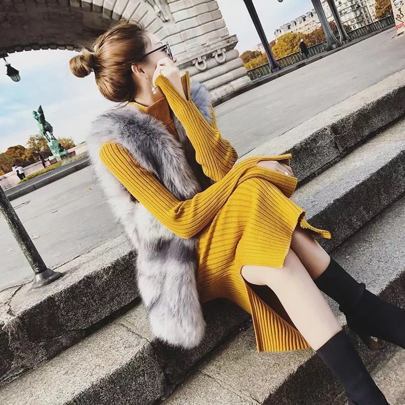 Damen Strickkleid mit hohem Kragen | Tailliertes Kleid mit Gürtel, Reißverschluss und seitlichem Schlitz für elegante Looks