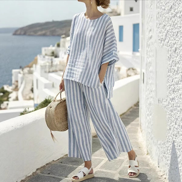 Damen 2-teiliges Sommer Set mit Fledermausärmeln | Lockeres Shirt &amp; Gerade Hose | Lässiger Freizeit Look