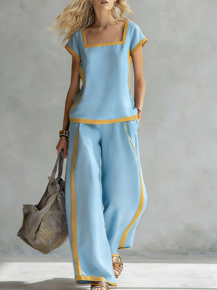 Damen Zweiteiler Set | Casual Outfit mit Karree-Ausschnitt und lockerer Hose für Alltag und Freizeit