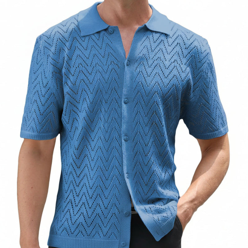 Herren Sommer Shirt Kurzarm Polyester mit Hohlmuster | Lockerer Freizeit-Look | Atmungsaktives Hemd für Urlaub und Alltag