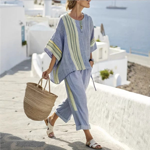 Damen 2-teiliges Sommer Set mit Fledermausärmeln | Lockeres Shirt &amp; Gerade Hose | Lässiger Freizeit Look