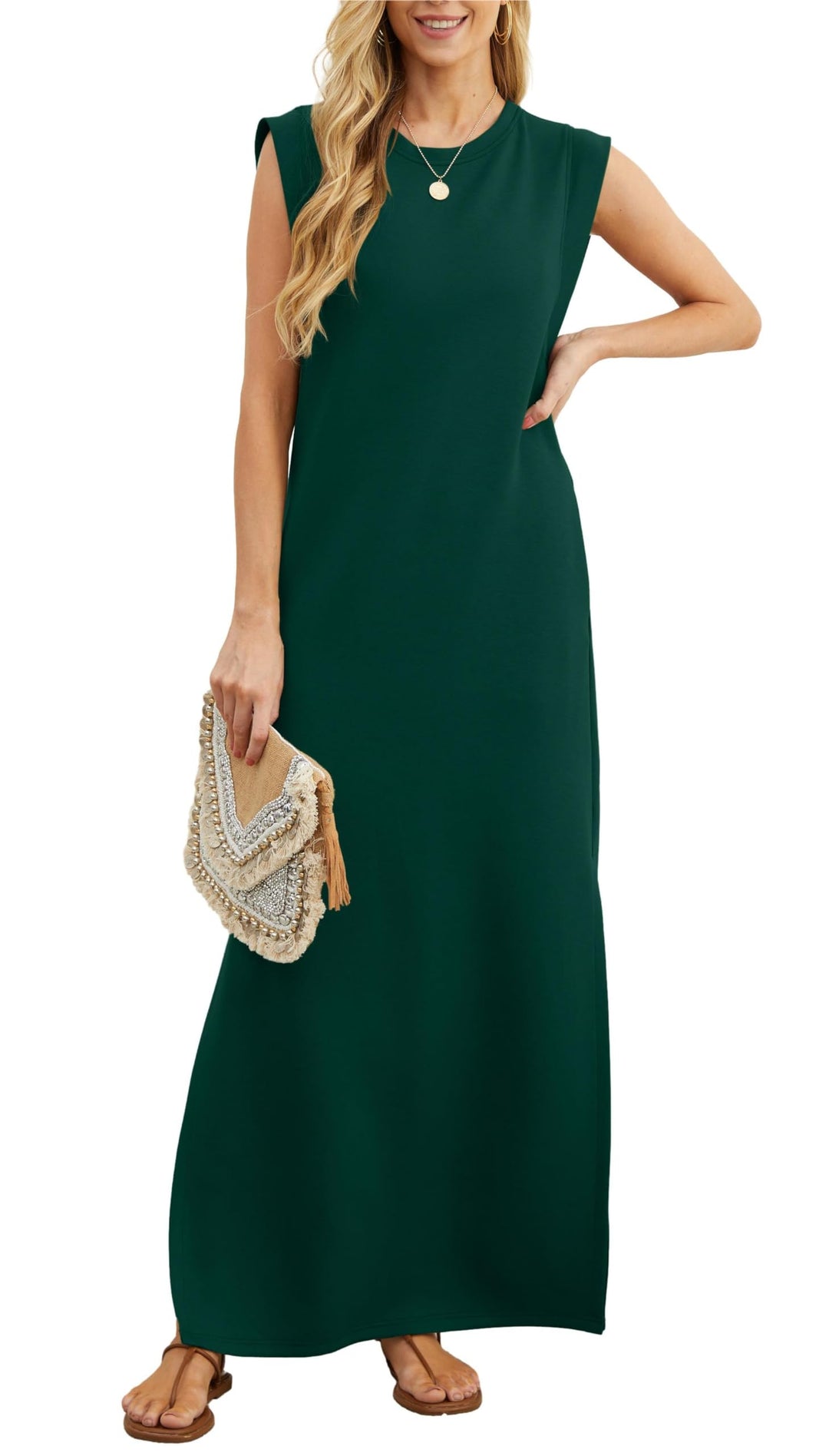 Damen Maxikleid mit Seitenschlitz | Ärmelloses Sommerkleid mit Taschen | Lockeres Freizeitkleid