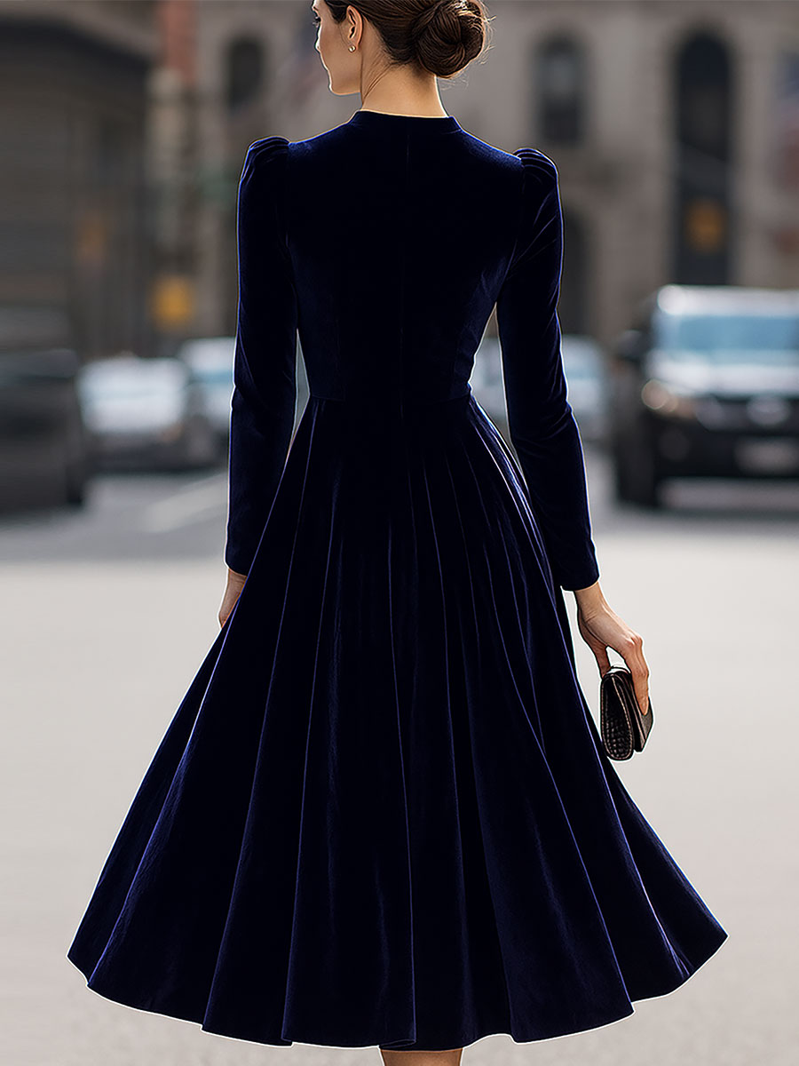 Damen Midikleid | Elegantes Langarmkleid mit tailliertem Oberteil, fließendem Rock und Schulterdetails für festliche Anlässe