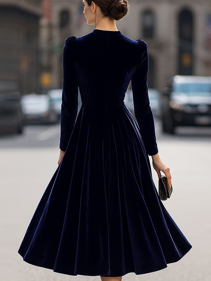 Damen Midikleid | Elegantes Langarmkleid mit tailliertem Oberteil, fließendem Rock und Schulterdetails für festliche Anlässe
