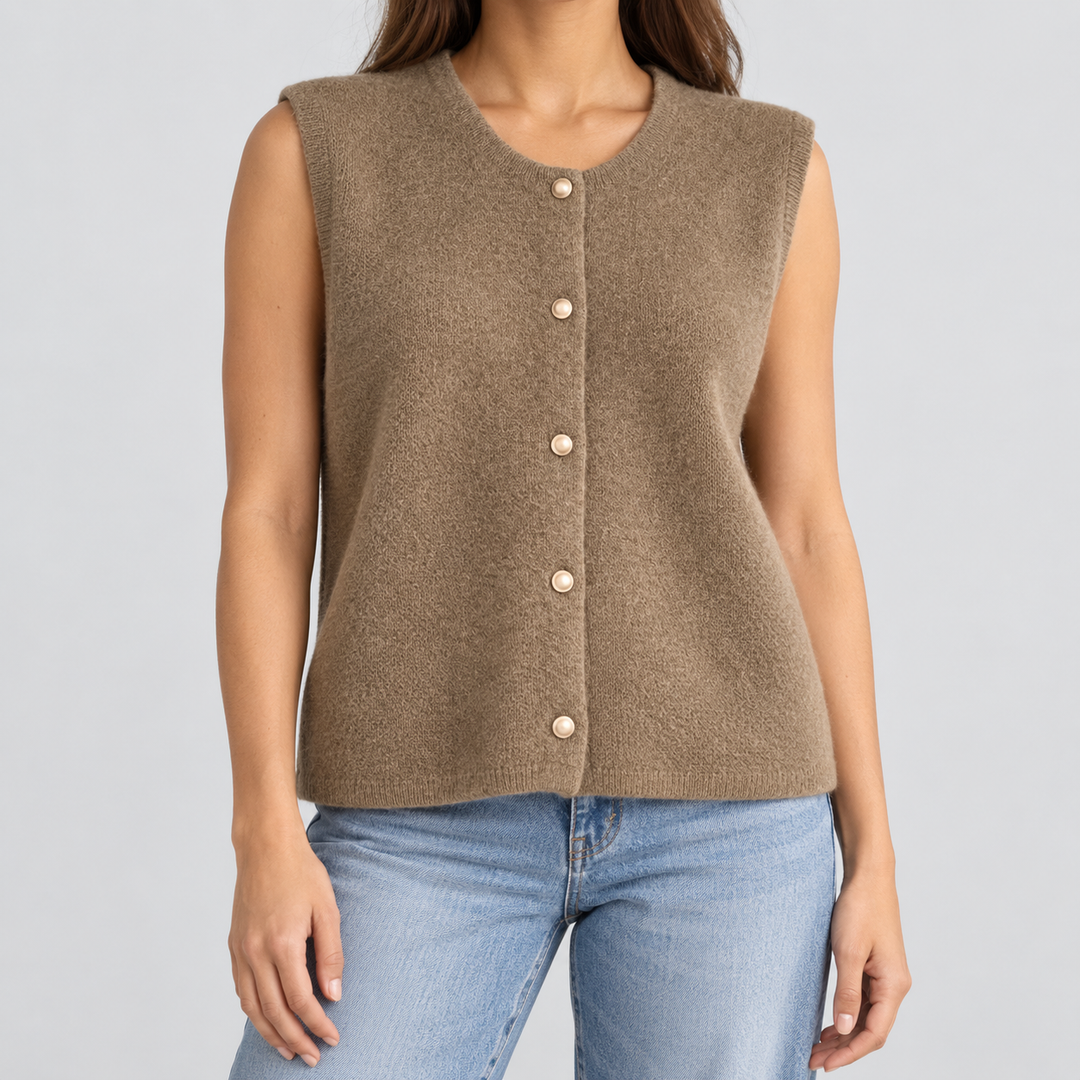 Damen Strickweste ärmellos mit Rundhalsausschnitt | Strukturierte Weste mit Knopfleiste und geradem Saum für vielseitige Looks
