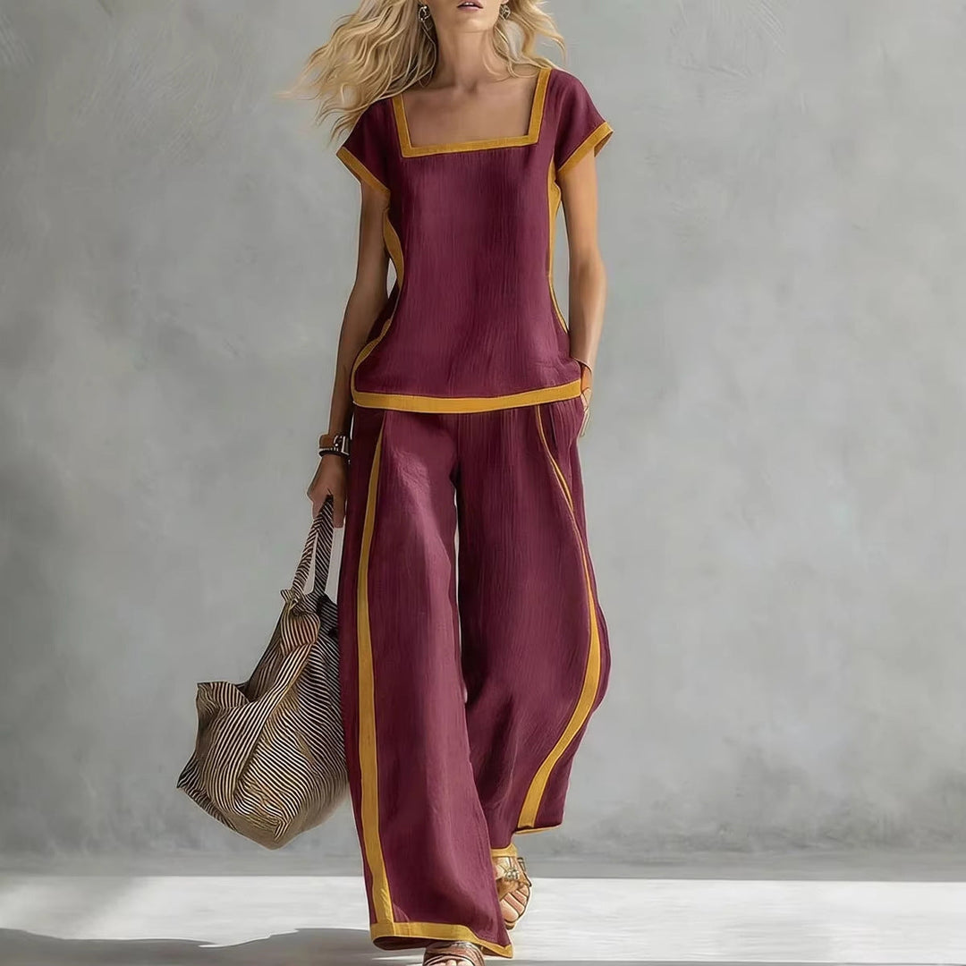 Damen Zweiteiler Set | Casual Outfit mit Karree-Ausschnitt und lockerer Hose für Alltag und Freizeit