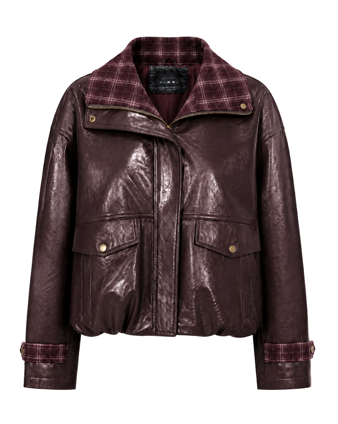 Damen Kunstlederjacke | Lässige Jacke mit Karokragen, Reißverschluss und Pattentaschen